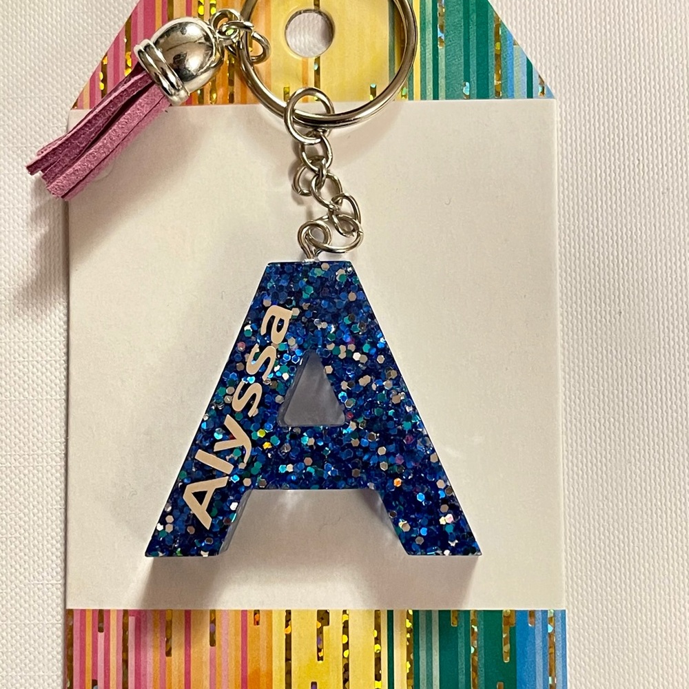 Alyssa, letter A, glitter resin keychain